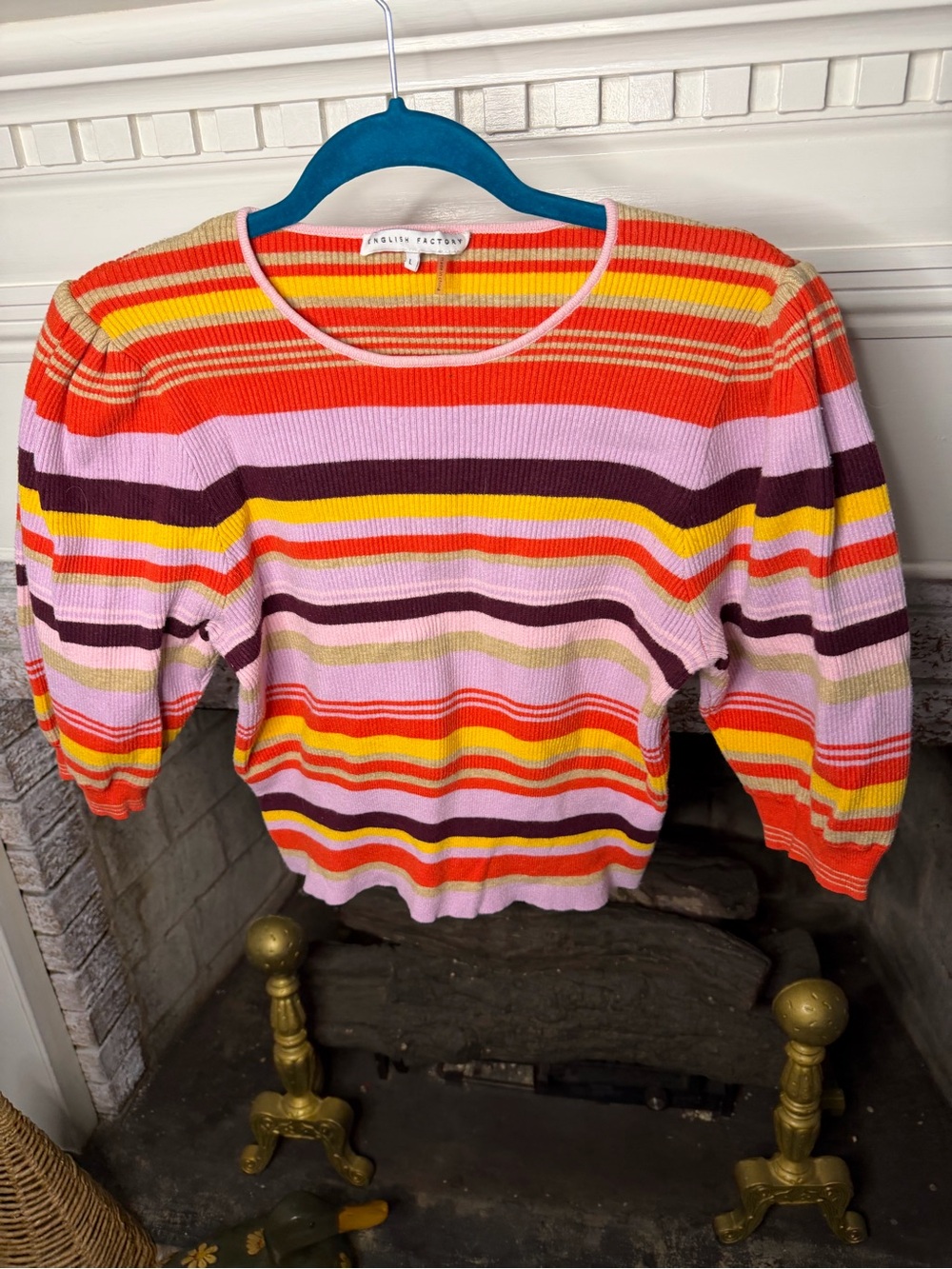 English Factory Striped Puff Sleeve Sweater Large
